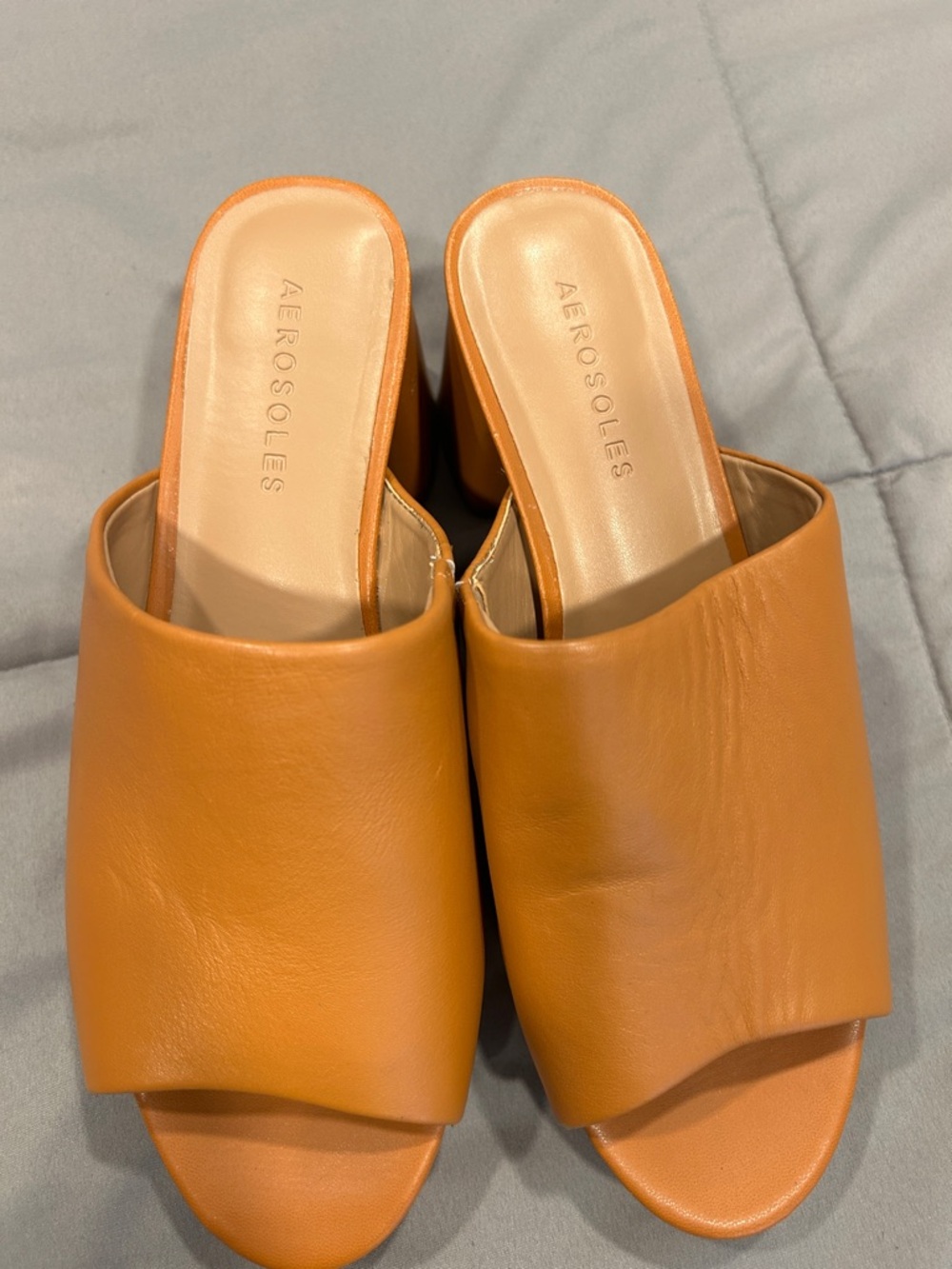 AEROSOLES Cognac Brown Leather Open-Toe Slide Mules
